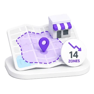 City map with a shrunken delivery zone, 14 zones badge and a falling arrow