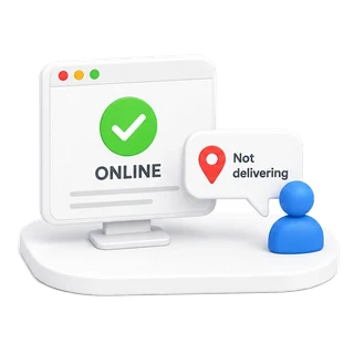 Storefront shown as ONLINE while a customer address reads not delivering