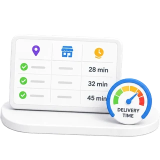 Table of addresses with 28, 32 and 45 minute delivery promises and a gauge
