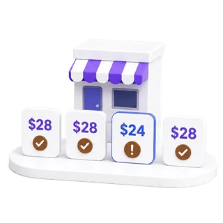 Four storefront price tags where three read 28 and one reads 24 with a warning